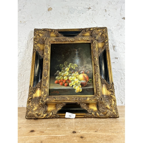 285 - A framed fruit still life oil on board, signed lower left - approx. 41cm high x 36cm wide