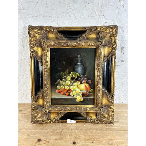 285 - A framed fruit still life oil on board, signed lower left - approx. 41cm high x 36cm wide