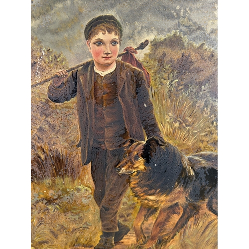 299 - A 19th century gilt framed oil on board of a boy walking his dog - approx. 79cm high x 65cm wide