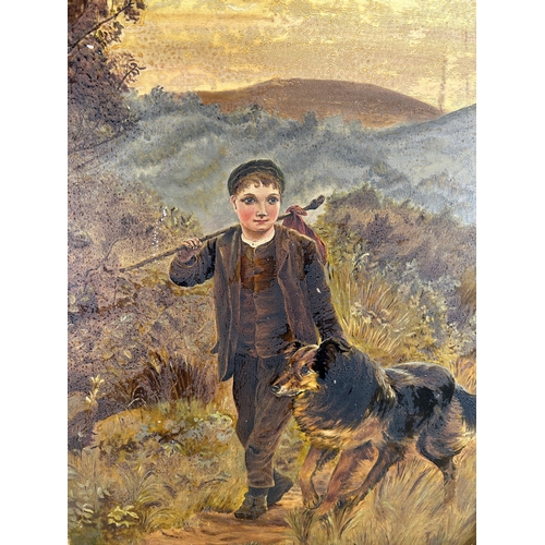 299 - A 19th century gilt framed oil on board of a boy walking his dog - approx. 79cm high x 65cm wide