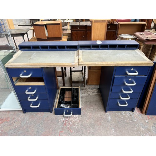 118 - A blue laminate and oak two piece watchmaker's work bench with ten drawers