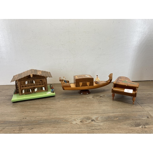 607 - Three mid 20th century wooden novelty musical boxes - largest approx. 32cm long