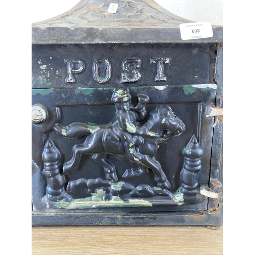 608 - A Victorian style black painted cast iron wall mountable letter box - approx. 44cm high x 41cm wide ... 