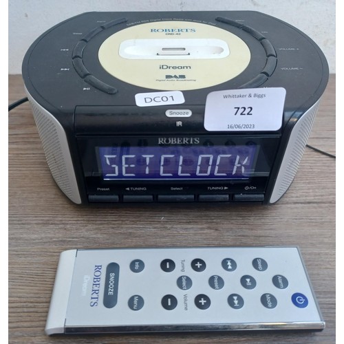 722 - A Roberts CRD42 iDream DAB/FM digital clock radio with iPod dock, remote control and power adaptor