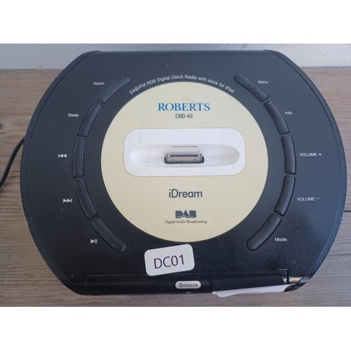 722 - A Roberts CRD42 iDream DAB/FM digital clock radio with iPod dock, remote control and power adaptor