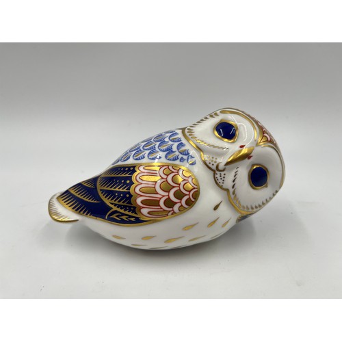 303 - A Royal Crown Derby Owl paperweight with gold stopper - approx. 12.5cm long