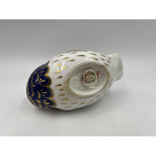 303 - A Royal Crown Derby Owl paperweight with gold stopper - approx. 12.5cm long