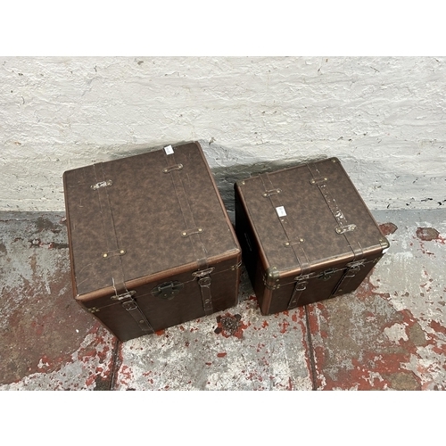129 - Two vintage style brown leatherette storage boxes