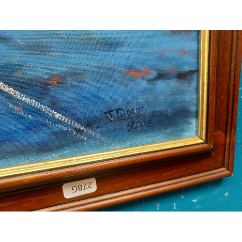 270 - A mahogany framed oil on board of three boats, signed J. Dixon and dated 2008 - approx. 59cm high x ... 