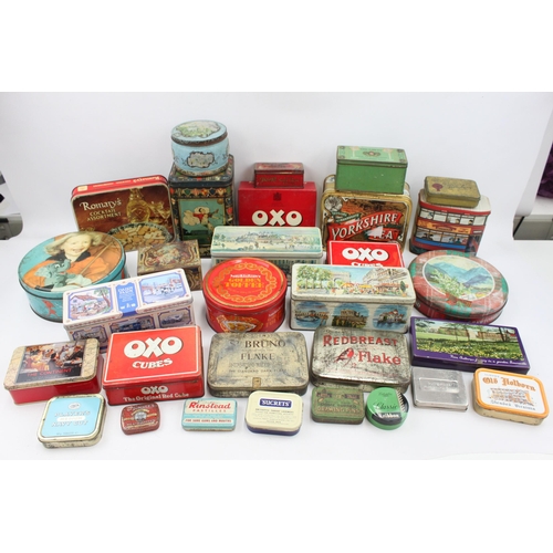 468 - Thirty vintage advertising tins to include OXO, Yorkshire Tea, The Greys etc.