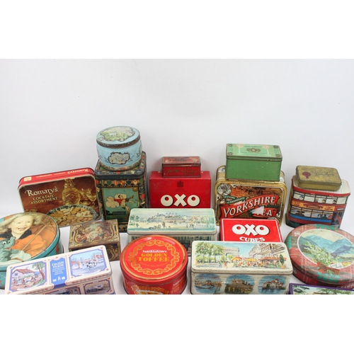 468 - Thirty vintage advertising tins to include OXO, Yorkshire Tea, The Greys etc.