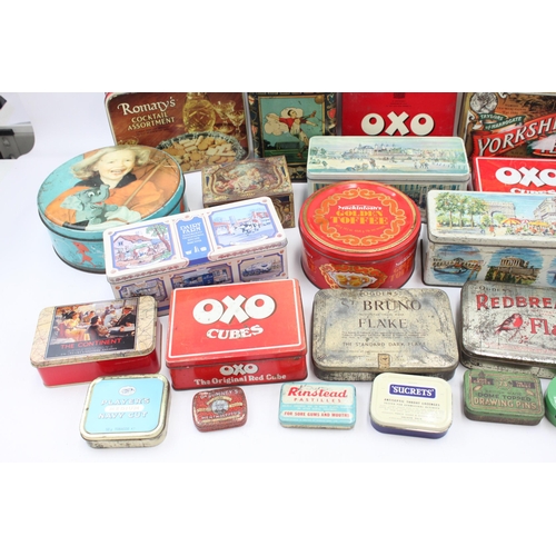 468 - Thirty vintage advertising tins to include OXO, Yorkshire Tea, The Greys etc.