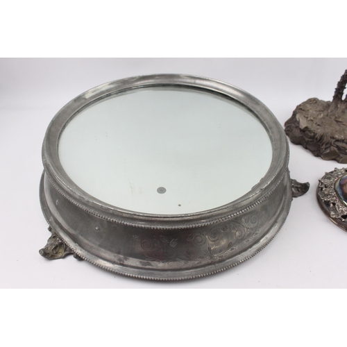 469 - Three pieces of antique silver plated ware to include mirrored glass cake stand etc.