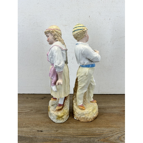 363 - Two 19th century continental bisque porcelain cricket player figurines - largest approx. 28cm high