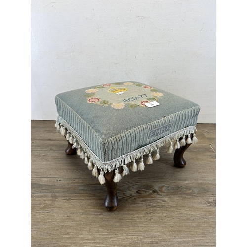 171 - An Elizabeth II Silver Jubilee 1977 tapestry upholstered footstool on cabriole supports