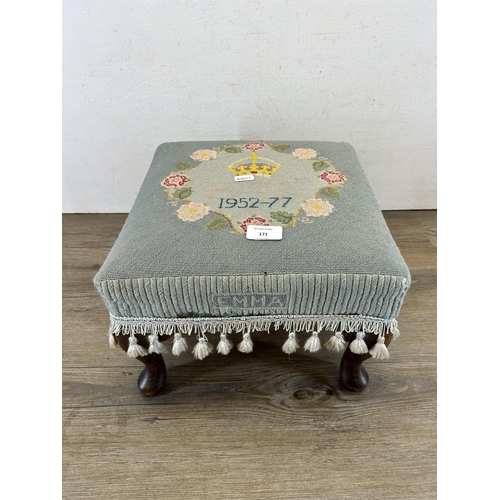 171 - An Elizabeth II Silver Jubilee 1977 tapestry upholstered footstool on cabriole supports