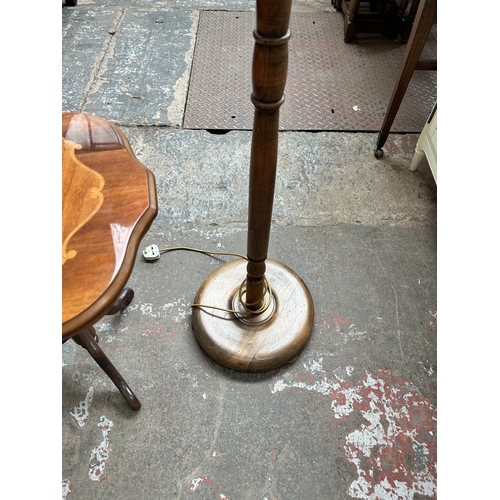 40 - Two pieces of furniture, one beech standard lamp and one Italian style inlaid walnut effect tripod p... 