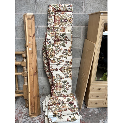6 - A collection of floral upholstered bed accessories to include 202cm headboard etc.