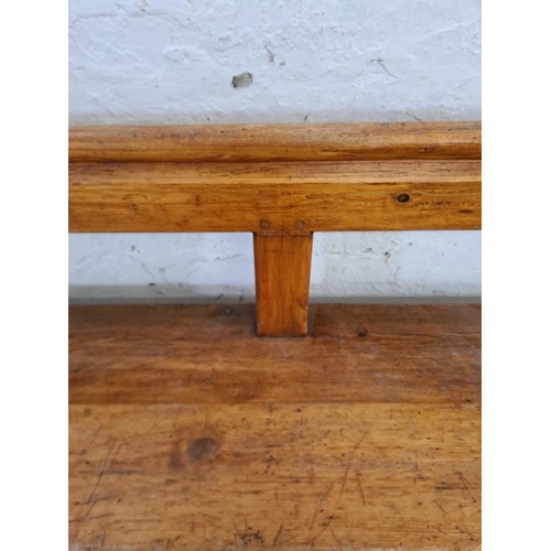 245 - A 19th century Augustus Pugin style pine church pew - approx. 80cm high x 265cm long x deep