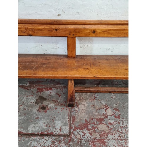 246 - A 19th century Augustus Pugin style pine church pew - approx. 80cm high x 265cm long x deep