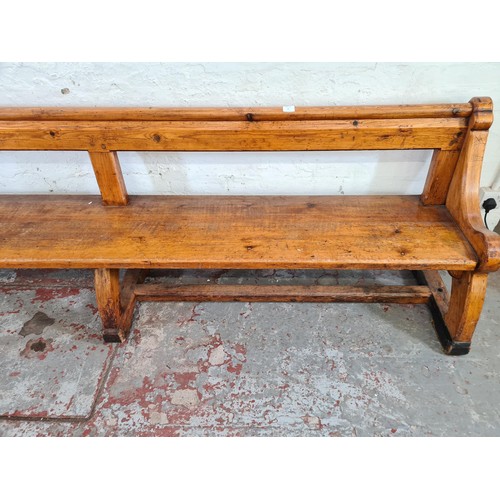 246 - A 19th century Augustus Pugin style pine church pew - approx. 80cm high x 265cm long x deep