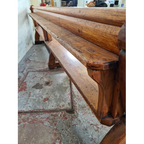 246 - A 19th century Augustus Pugin style pine church pew - approx. 80cm high x 265cm long x deep