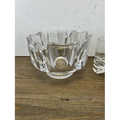 411 - Eight pieces of 20th century glassware, set of six whisky tumblers, one Orrefors Corona 15cm bowl an... 