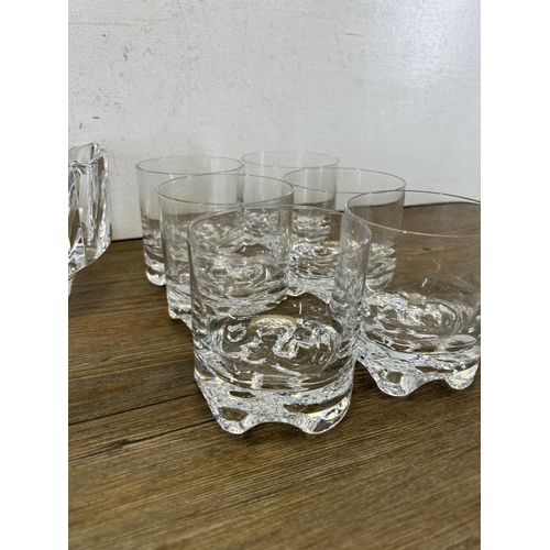 411 - Eight pieces of 20th century glassware, set of six whisky tumblers, one Orrefors Corona 15cm bowl an... 