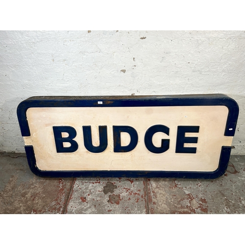 248 - A mid 20th century 'Budge' fibreglass advertising sign - approx. 84cm high x 184cm wide x 11cm deep