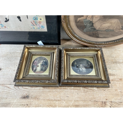 279 - Four framed pictures, three Victorian engravings and one 1930s embroidery