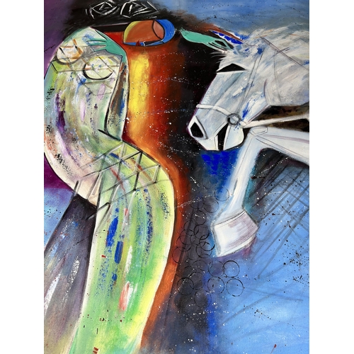 288 - A large abstract oil on canvas by Kanhaiya - approx. 141cm high x 104cm wide