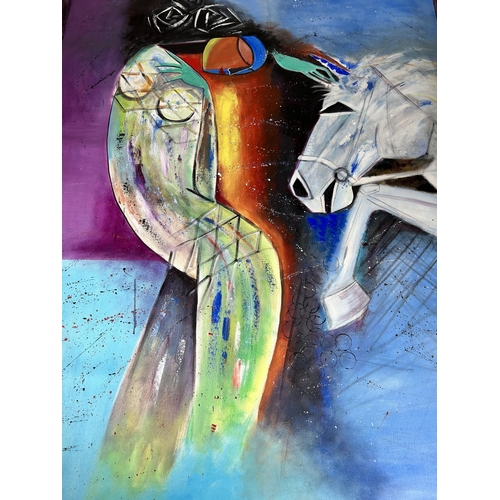 288 - A large abstract oil on canvas by Kanhaiya - approx. 141cm high x 104cm wide