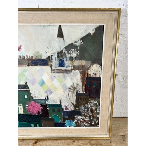 291 - A mid 20th century framed abstract oil on board - approx. 55cm high x 70cm wide