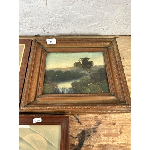 296 - Three late 19th/early 20th century framed pictures to include oil on board of a landscape scene etc.