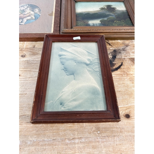 296 - Three late 19th/early 20th century framed pictures to include oil on board of a landscape scene etc.