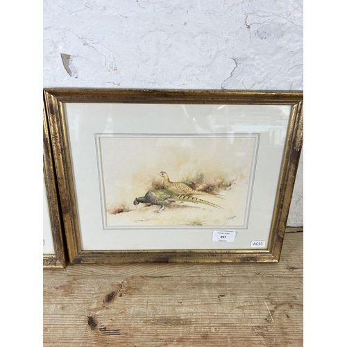 297 - Two framed C. Hughes pheasant scene watercolours - both approx. 28cm high x 35.5cm wide