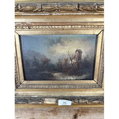 298 - A 19th century gilt framed oil on board of a church and woodland scene - approx. 35cm high x 43cm wi... 