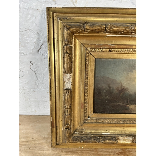 298 - A 19th century gilt framed oil on board of a church and woodland scene - approx. 35cm high x 43cm wi... 