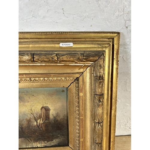 298 - A 19th century gilt framed oil on board of a church and woodland scene - approx. 35cm high x 43cm wi... 