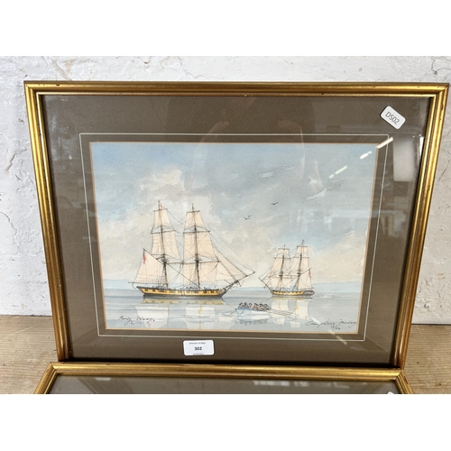 302 - Two framed ship scene watercolours, signed Campbell Finlay - approx. 35cm high x 44cm wide