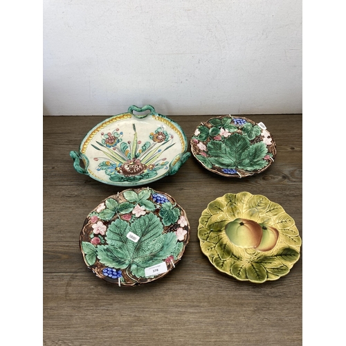 378 - A collection of 19th century and later Majolica pottery to include Wedgwood etc.