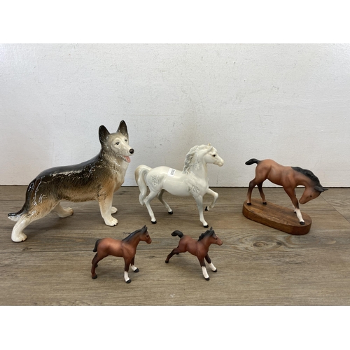 410 - A collection of ceramic figurines to include Royal Doulton Be Prepared Bunnykins, Beswick pheasant a... 