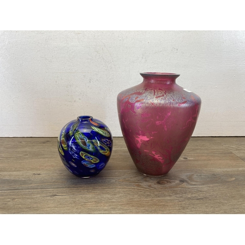 421 - Seven pieces of art glassware to include Mdina vase, Royal Brierley vase, Millefiori vase etc.