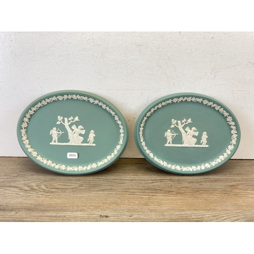 427 - A collection of Wedgwood sage green and teal Jasperware