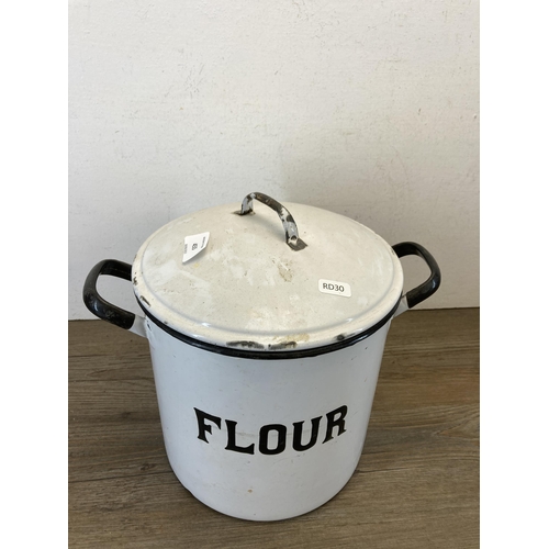 455 - A mid 20th century white enamel twin handled flour bin - approx. 28cm high