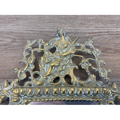 458 - A 19th century pierced brass framed bevelled edge wall hanging mirror - approx. 36cm high x 20cm wid... 