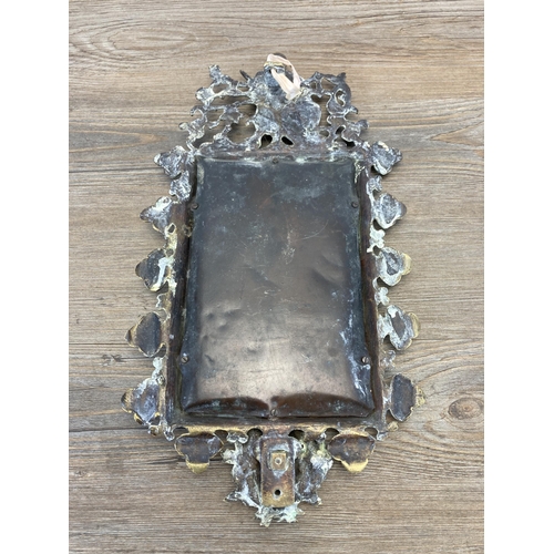 458 - A 19th century pierced brass framed bevelled edge wall hanging mirror - approx. 36cm high x 20cm wid... 