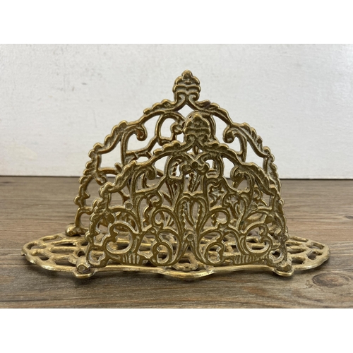 459 - Two brass desk accessories, one stamp holder - approx. 22cm x 13cm and one letter rack