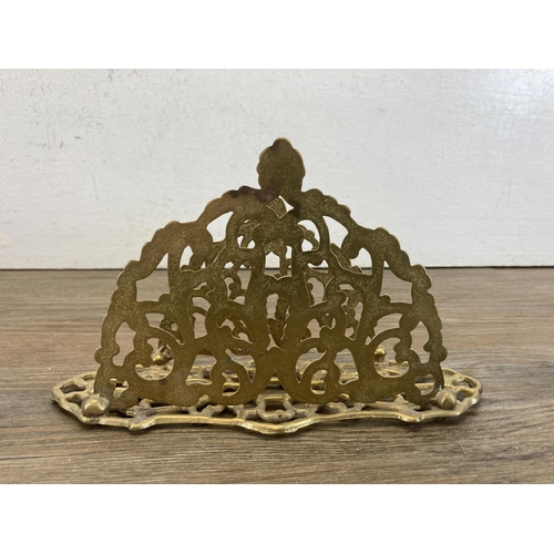 459 - Two brass desk accessories, one stamp holder - approx. 22cm x 13cm and one letter rack