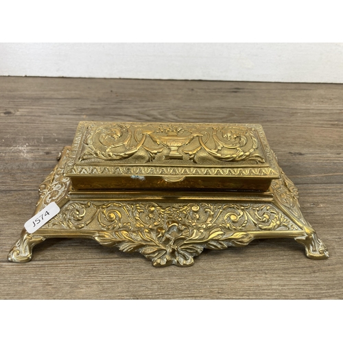 459 - Two brass desk accessories, one stamp holder - approx. 22cm x 13cm and one letter rack